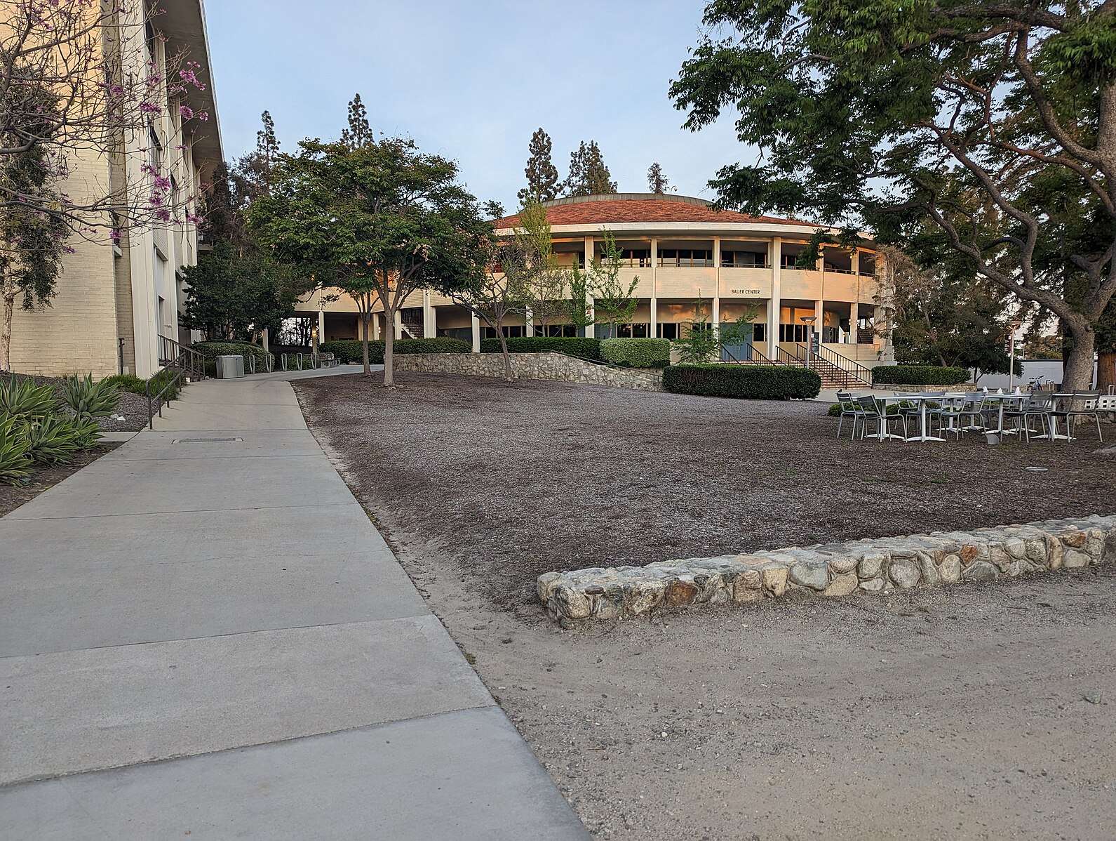 Claremont McKenna's campus is featured, looking East toward the Bauer Center.