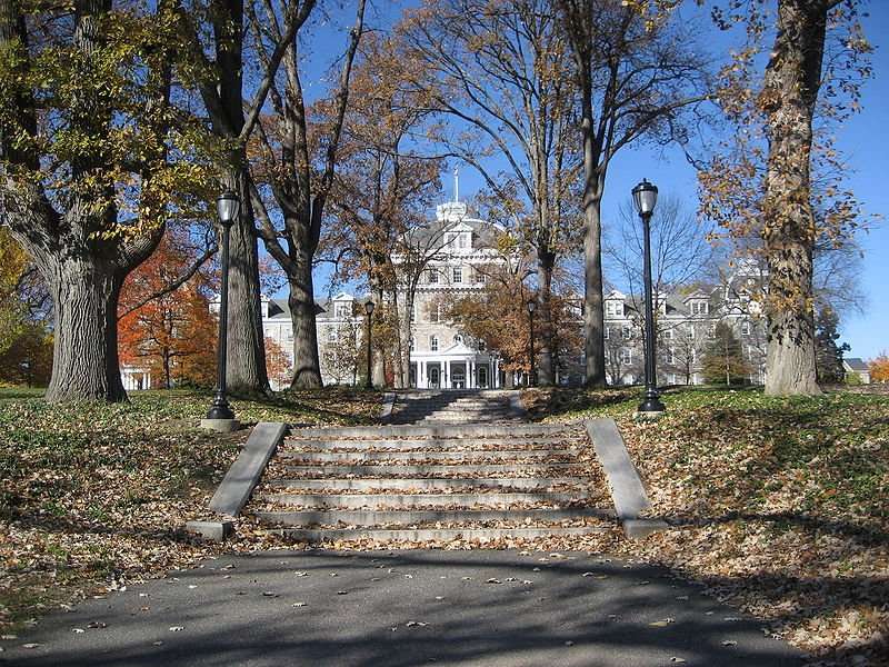 A building is featured beyond an outdoor staircase at Swarthmore College.