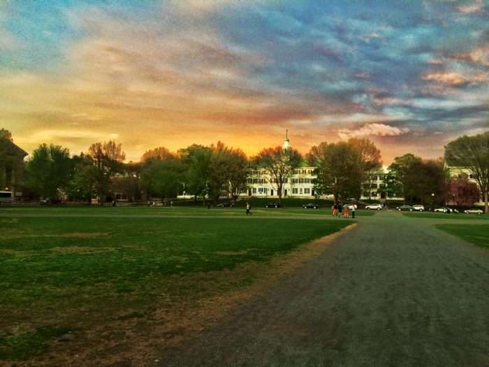 This is a view of Dartmouth College's Green at sunset.
