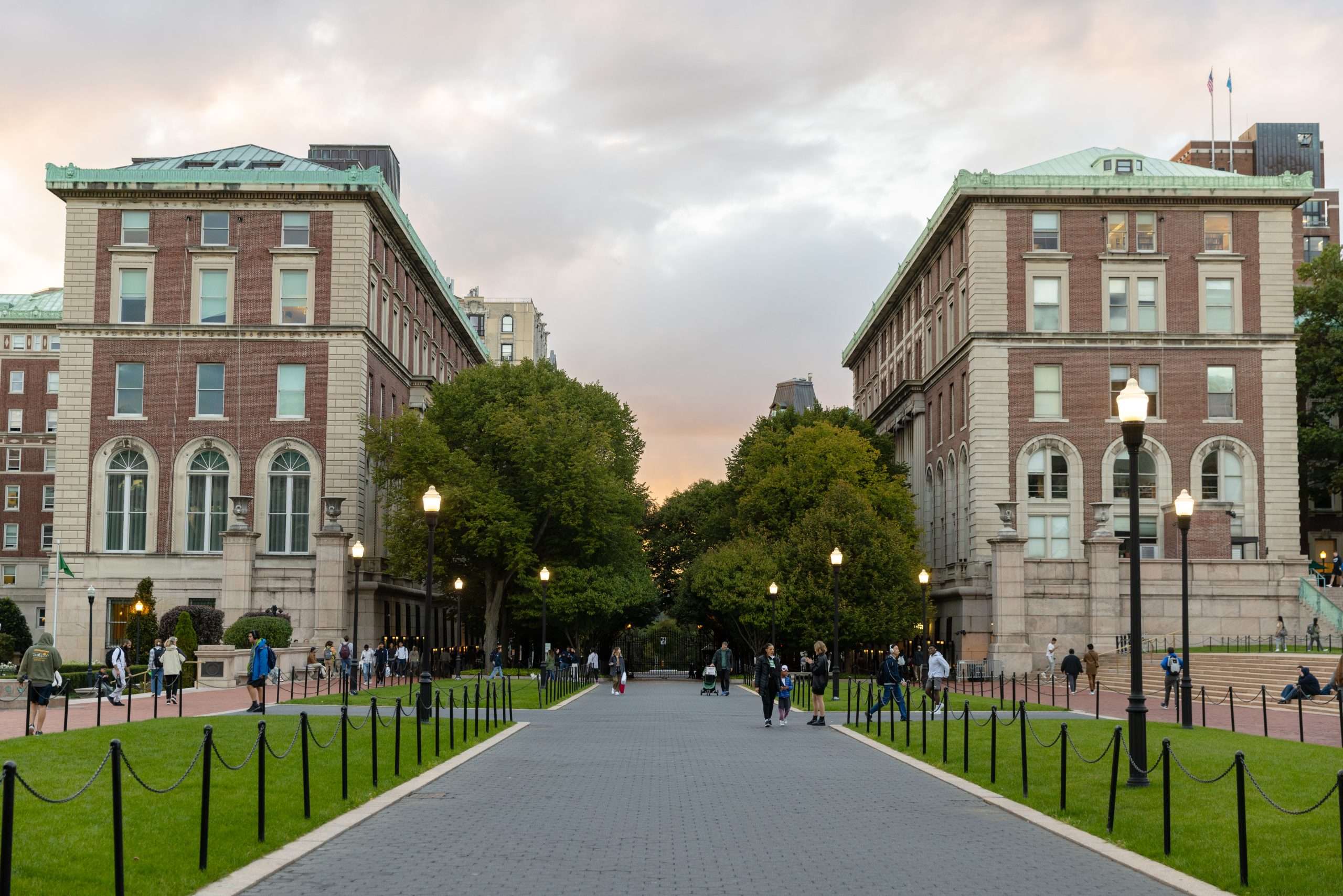 A path leads between two buildings at Columbia University.