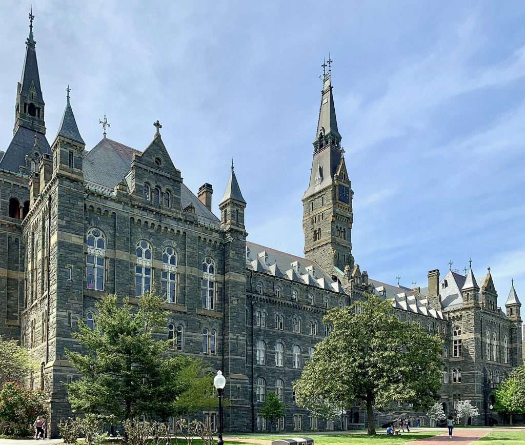 The gothic Healy Hall is featured on Georgetown’s campus.