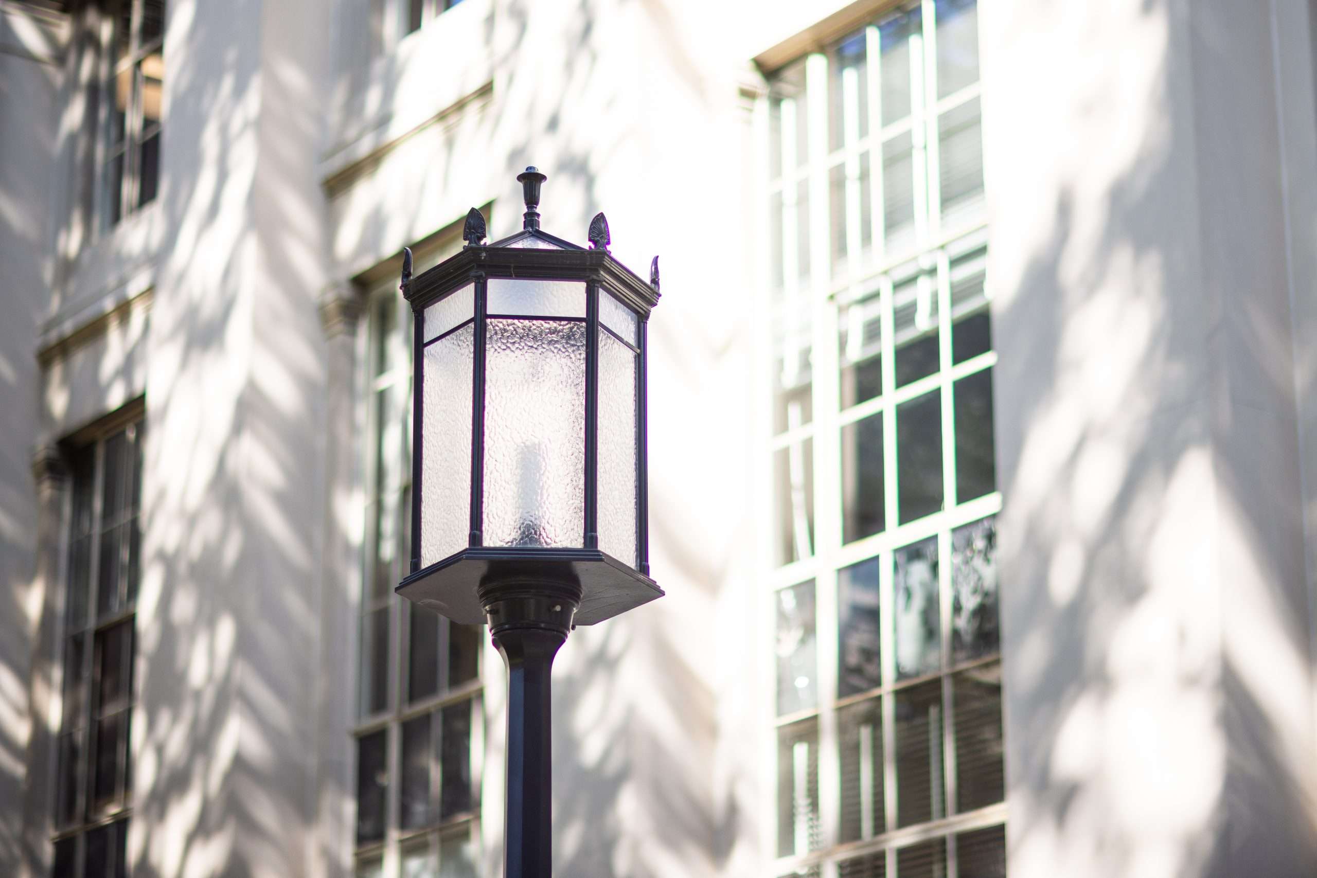 A lamp post is featured by a window at the Massachusetts Institute of Technology.