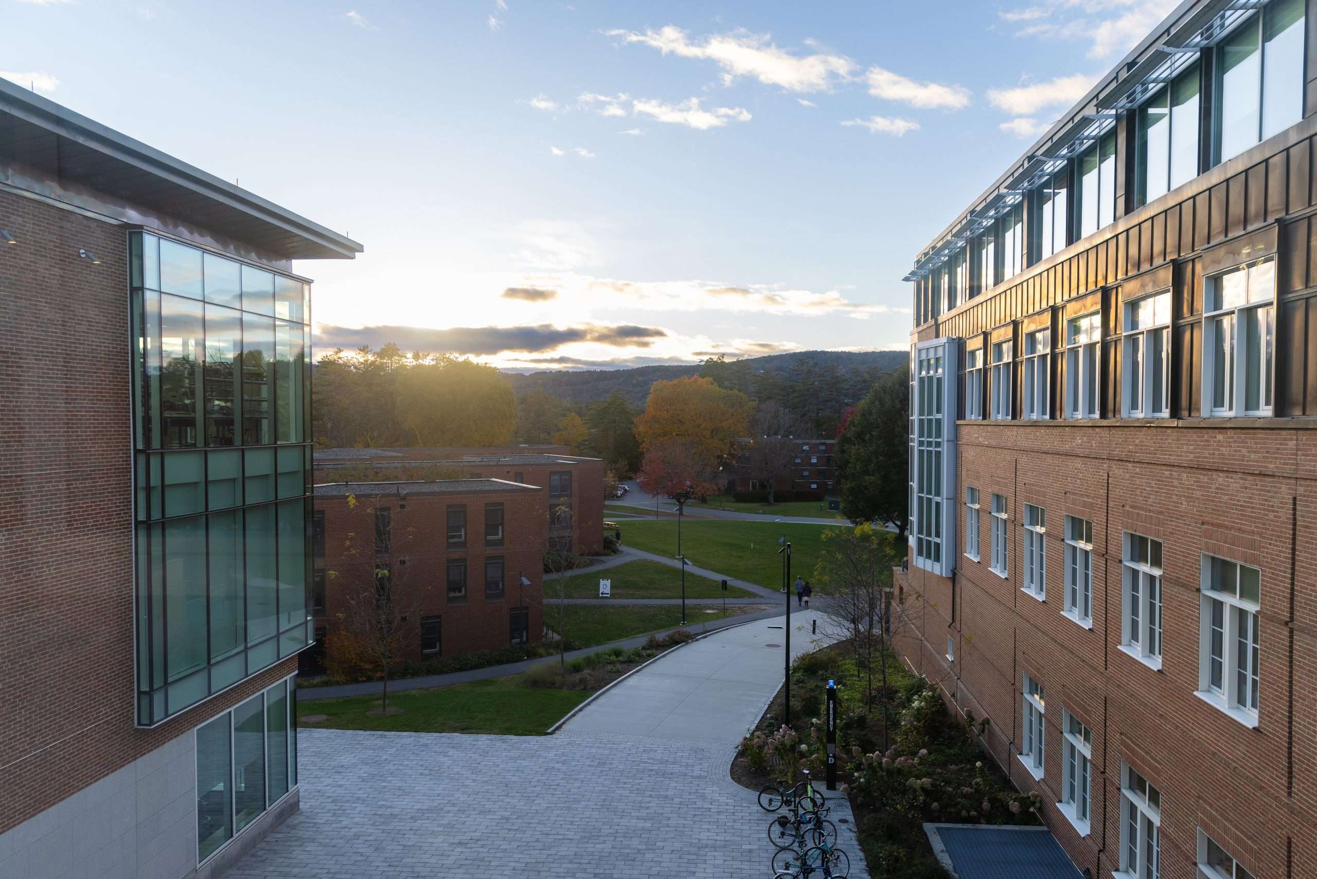 A view of the horizon between two buildings at Dartmouth College.