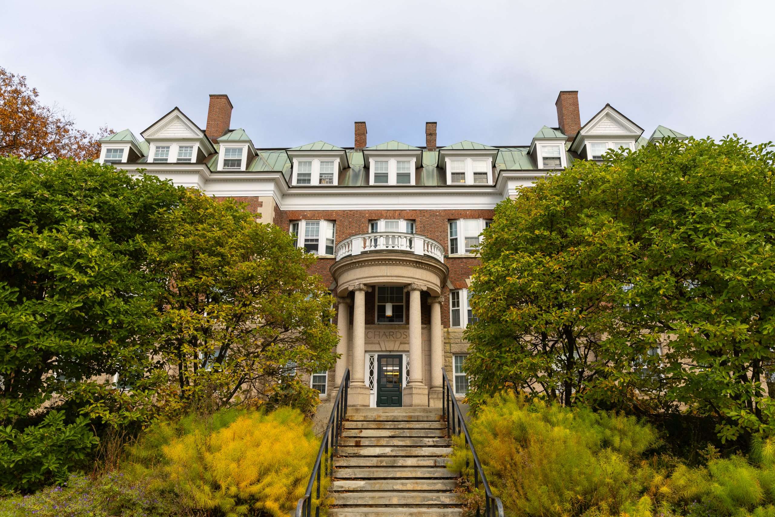 A staircase leads up to Richardson dormitory at Dartmouth College.
