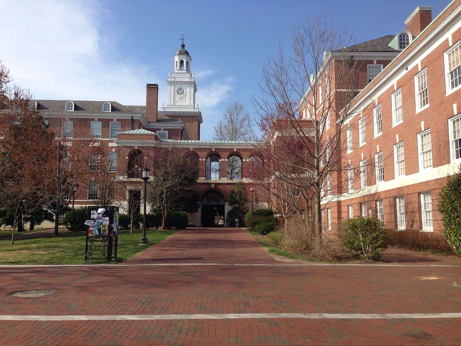 Gilman Hall is featured from Levering Plaza at Johns Hopkins University.