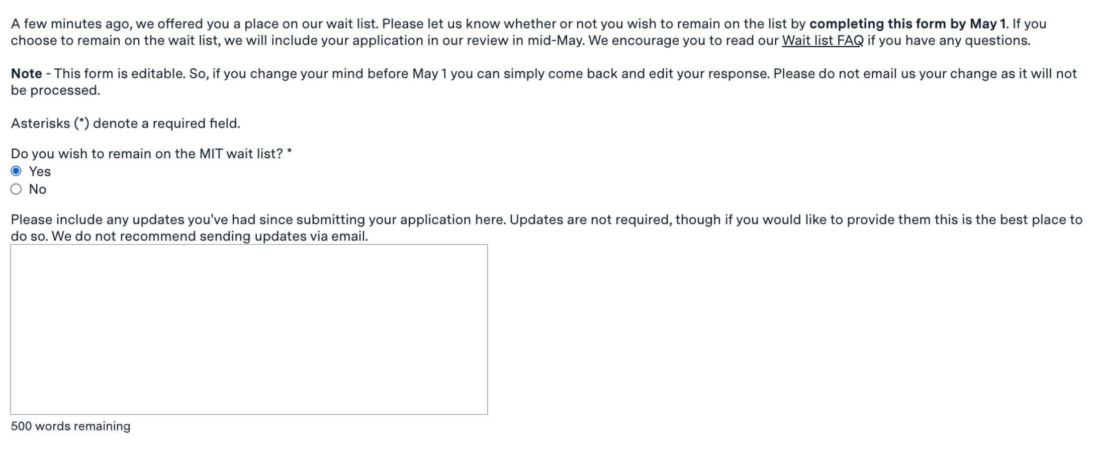 This is a screenshot of a communication from MIT asking whether the reader wishes to remain on the waitlist.