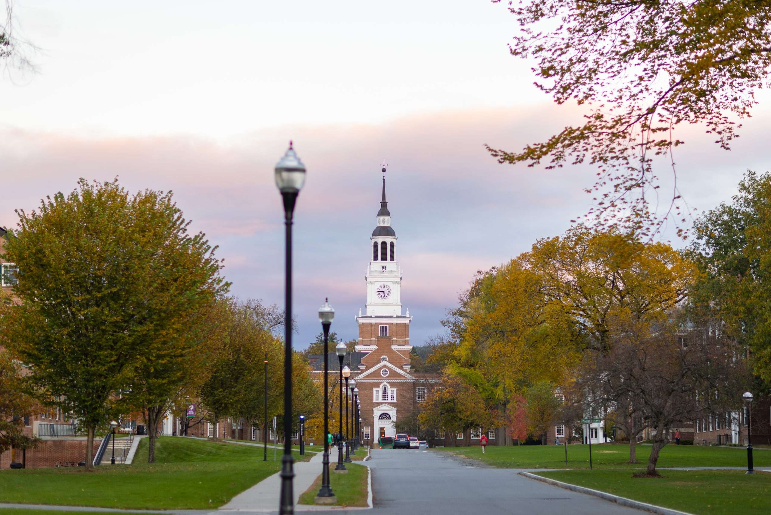Baker Library is featured at sunset at Dartmouth College.