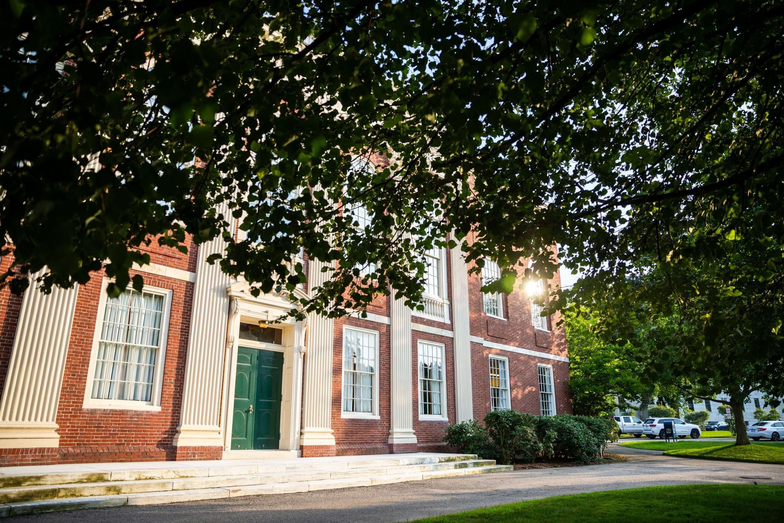 A brick building with a green door is visible beyond a tree at Harvard University.
