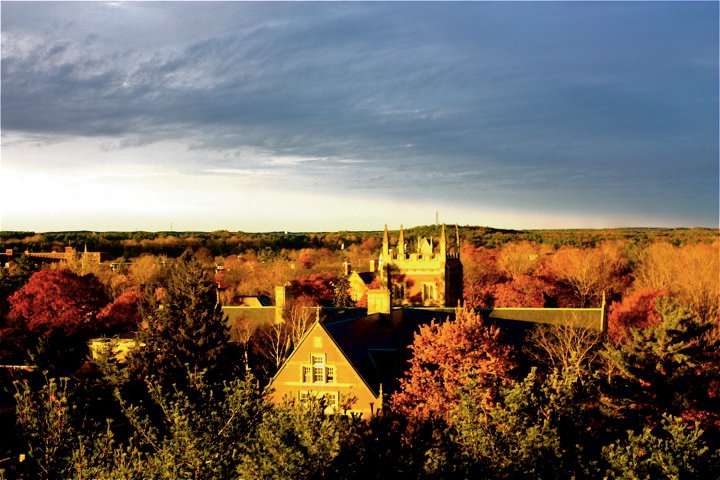 An aerial view of Bowdoin College's campus.