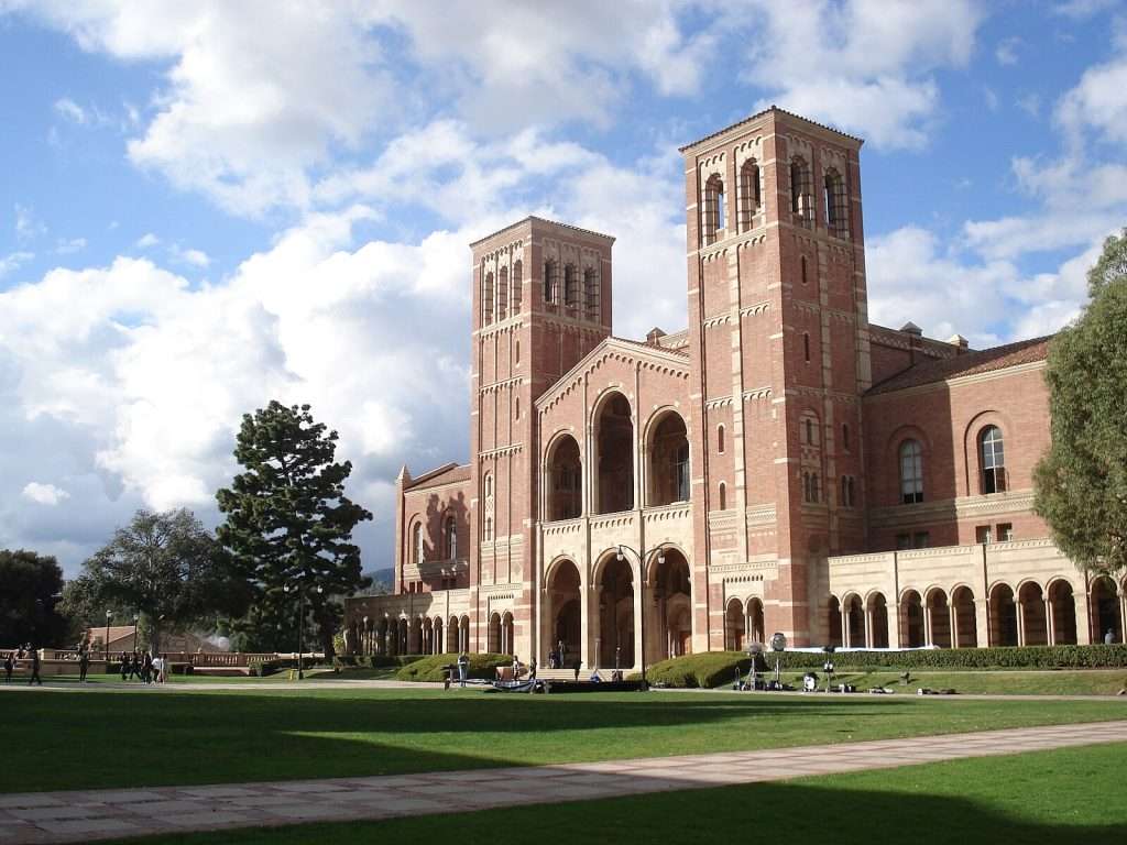 Royce Hall is featured under a blue sky at the University of California, Los Angeles.