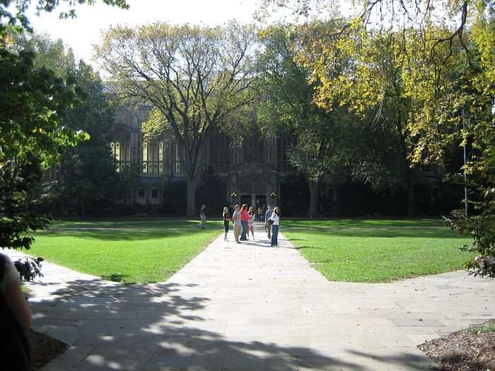 A few students gather in on a path cutting through a grassy quad at the University of Michigan.
