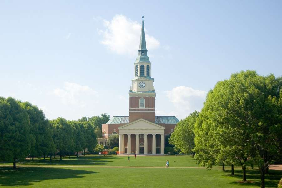 Wait chapel is featured beyond a lawn at Wake Forest University.
