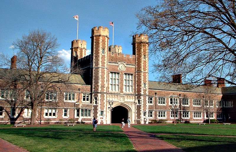 A Washington University building featured in a landscape shot.