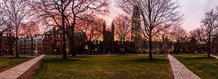 A panoramic of Yale University's campus at sunset.