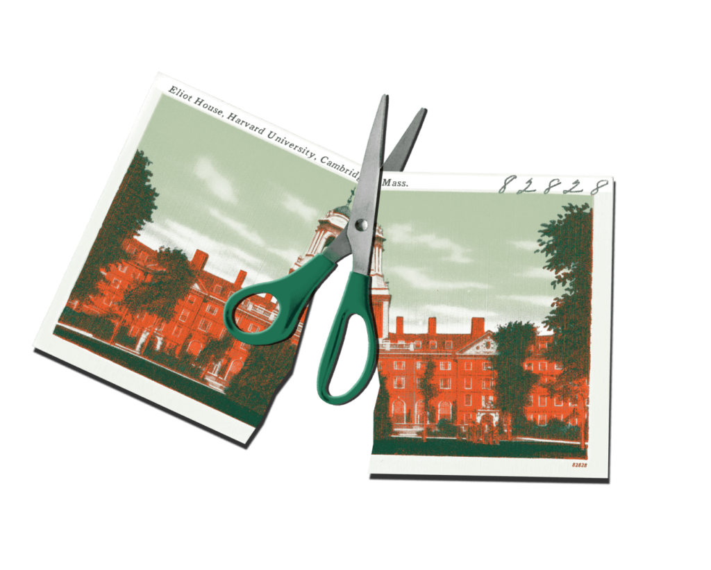 An illustrated picture of Baker Memorial Library at Dartmouth being cut in half by scissors.