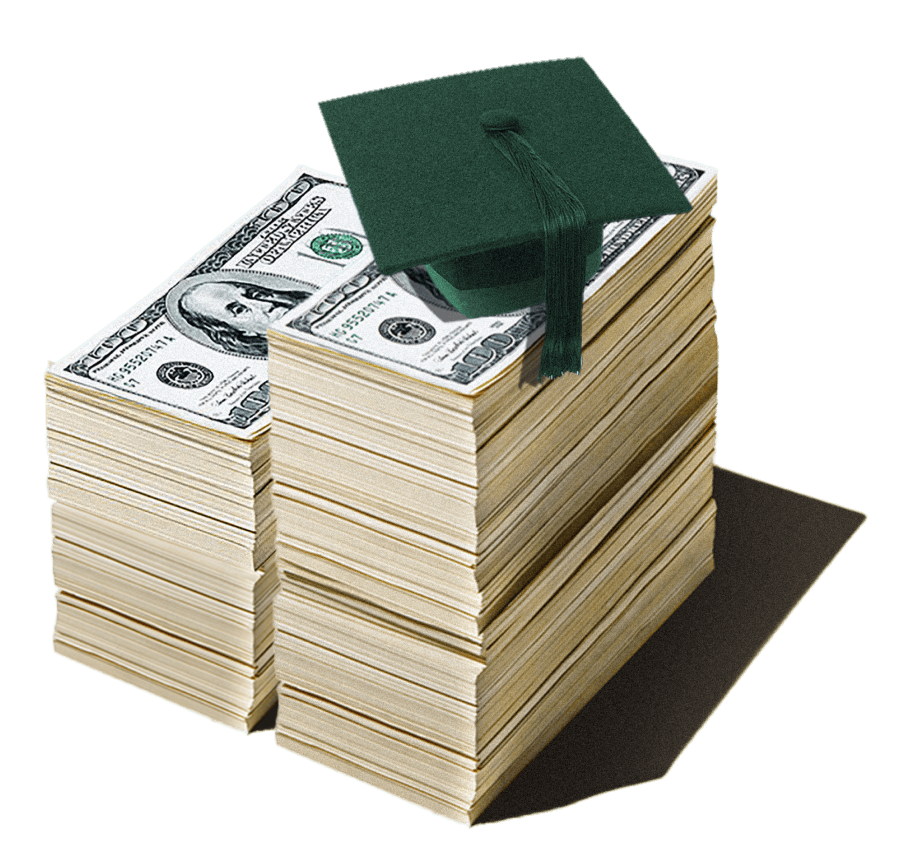 Two stacks on $100 bills with a graduation cap on top.