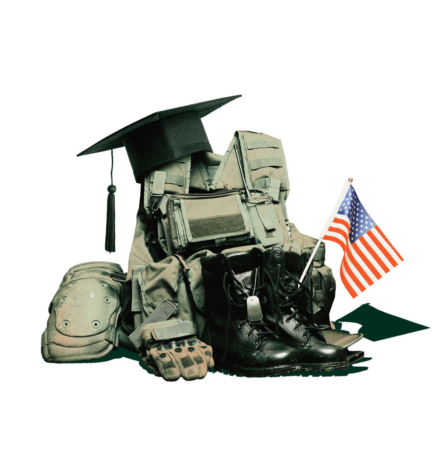 A pile of military gear and boots with an American flag and a graduation cap.