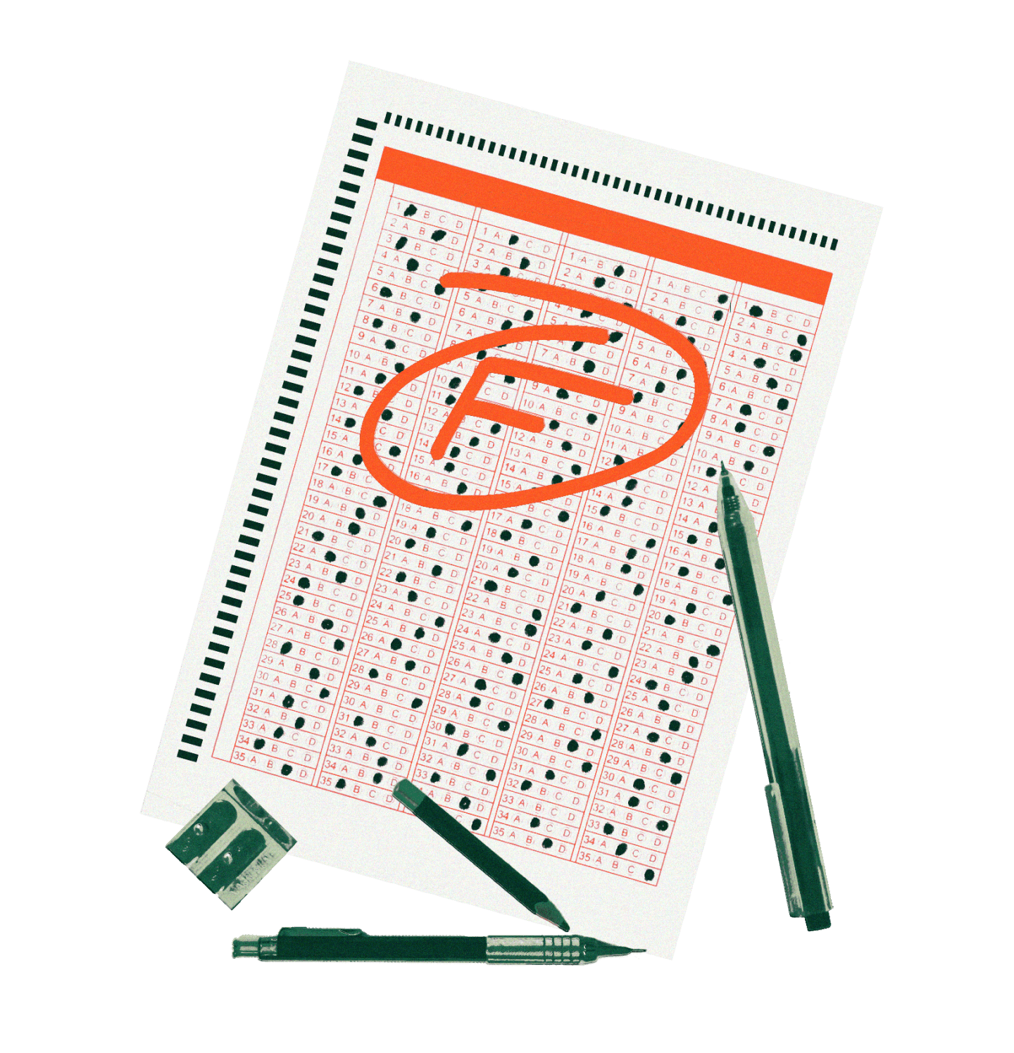 A Scantron sheet marked with an "F" behind an eraser, pencil, and pen.