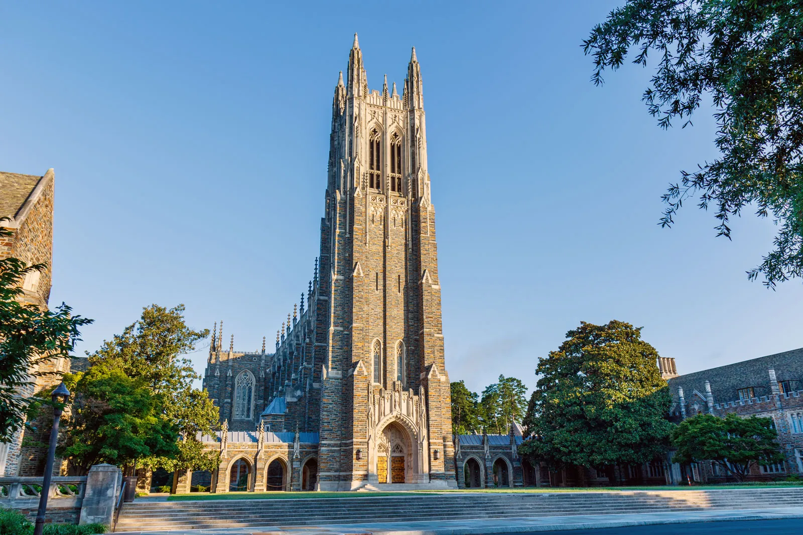 The Duke Chapel is featured on a clear day.